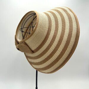 Magid Hats NYC, Tan & Konjac, Striped Sun Visor Straw Hat With Bow, Rollable